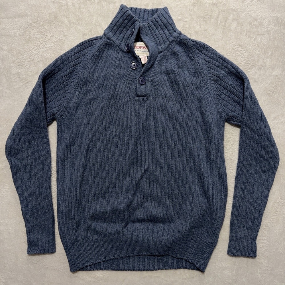 Aeropostale Mens M 1/4 Button Mock Neck 10% Wool Blend Knit Sweater Blue Preppy